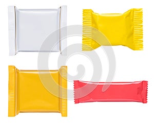 Blank plastic foil pouch food chocolate bar candy bag snack packaging mock-up set isolated