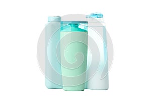 Blank plastic shampoo or lotion bottles isolated on background