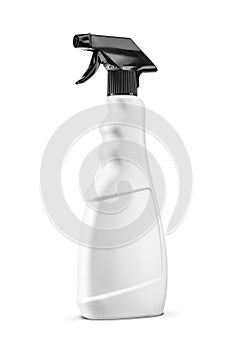 Blank plastic sprayer detergent bottle with black trigger isolated on white background