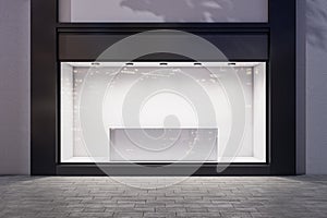 Blank podium on white wall background in empty shop window with place for your product presentation behind glass walls with night