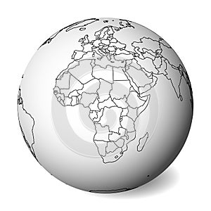 Blank political map of Africa. 3D Earth globe with black outline map. Vector illustration