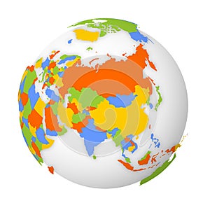 Blank political map of Asia. 3D Earth globe with black outline map. Vector illustration