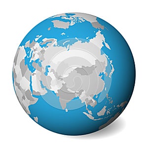 Blank political map of Asia. 3D Earth globe with blue water and grey lands. Vector illustration