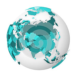 Blank political map of Asia. 3D Earth globe with turquoise blue map. Vector illustration