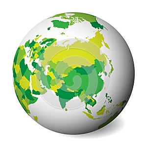 Blank political map of Asia. 3D Earth globe with green map. Vector illustration