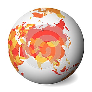 Blank political map of Asia. 3D Earth globe with orange map. Vector illustration