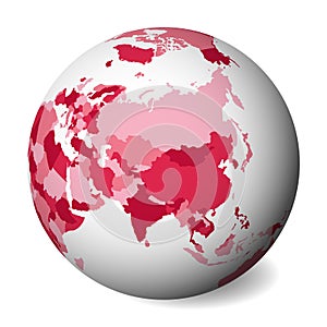 Blank political map of Asia. 3D Earth globe with pink map. Vector illustration