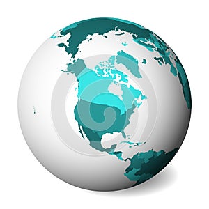 Blank political map of North America. 3D Earth globe with turquoise blue map. Vector illustration