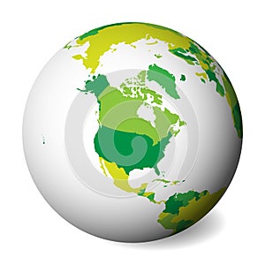 Blank political map of North America. 3D Earth globe with green map. Vector illustration