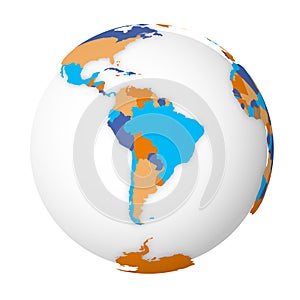 Blank political map of South America. Earth globe with colored map. Vector illustration
