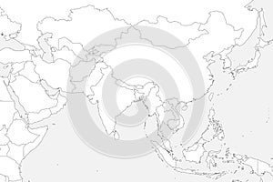 Blank political map of western, southern and eastern Asia. Thin black outline borders on light grey background. Vector