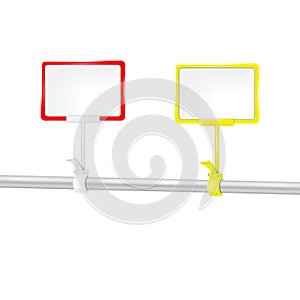 Blank pop displays with clip on pipe mock-up. Information shelf label tags for retail store mockup. Sign holder with clamp