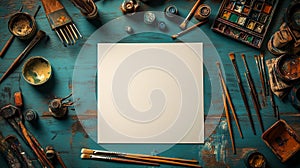 Blank A4 portrait white paper mockup shot from above, placed on a cluttered artist's desk with paintbrushes, pencils,