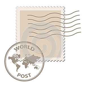 Blank post stamp with world map postmark