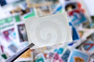 Blank postage stamp in tweezers against blurred background collection of multicolored postage stamps of different countries