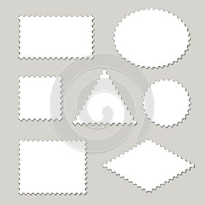 Blank postage stamps different shapes set - triangle, square, round, oval, rhombus.