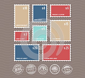 Blank postage stamps in different sizes and vintage postmarks vector set