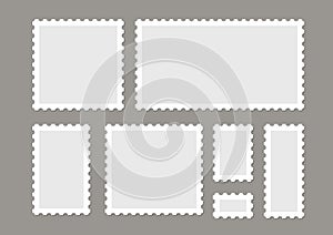 Blank postage stamps vector set isolated. Mark mail letter stamps design. Postal frame sticker