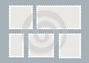 Blank postage stamps vector set isolated. Mark mail letter stamps design. Postal frame sticker