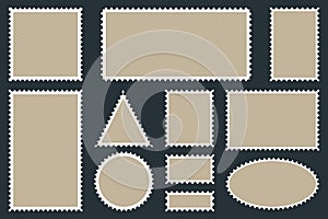 Blank postage stamps, vector templates for your images and text. Postage stamps on a dark background. Vector illustration