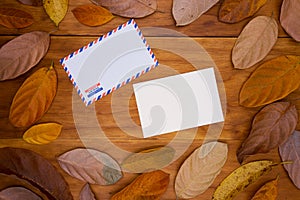 Blank postcard and air mail envelope on warm wooden background in orange leaf frame.