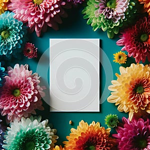 A blank postcard placed amidst rainbow array of chrysanthemums. floral background, Mockup, colorful background