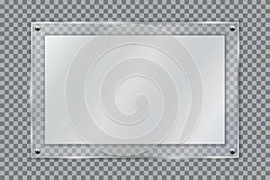 Blank poster in 3d realistic glass frame hanging on wall isolated on transparent background. Empty photo frame template