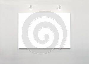 Blank Poster Banner Display on white Wall with Lighting Art Exhibition