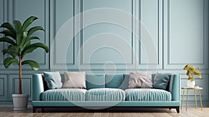 Blank poster in blue living room background, 3d style illustration for interior design or mockup