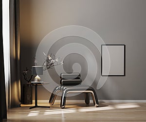 Blank poster frame on gray wall in luxury interior background in dark tones with metal armchair, frame mock up in modern interior