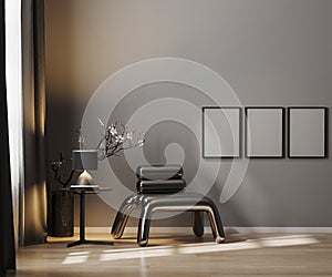 Blank poster frame on gray wall in luxury interior background in dark tones with metal armchair, frame mock up in modern interior
