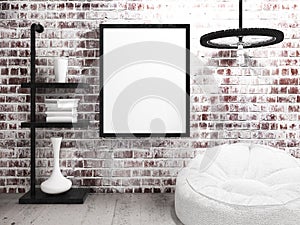 Blank Poster Frame hanging on industrial brick wall