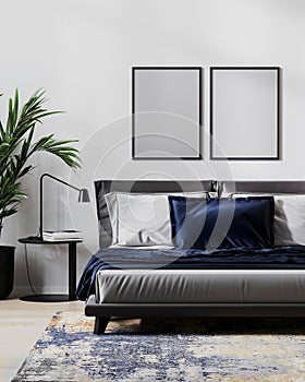 blank poster frame mock up in modern bedroom interior for mock up, 3d illustration.