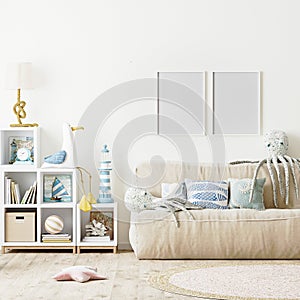 Blank poster frame mock up in Modern Kids bedroom interior background, scandinavian style, 3d rendeing