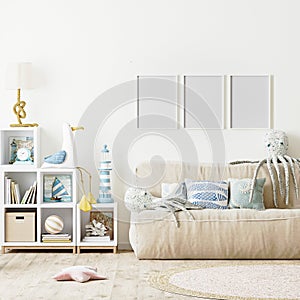 Blank poster frame mock up in Modern Kids bedroom interior background, scandinavian style, 3d rendeing