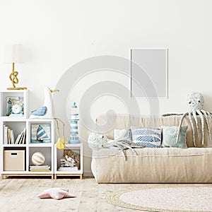 Blank poster frame mock up in Modern Kids bedroom interior background, scandinavian style, 3d rendeing