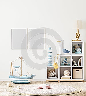 Blank poster frame mock up in scandinavian style children`s room interior with kids shelf with books and toys, 3d rendering