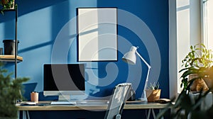 Blank poster frame mock up template above table in office room interior in modern style, blue walls, wooden table with