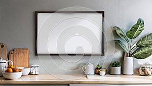 Blank poster frame mockup on kitchen wall in modern interior design. 3D Rendering