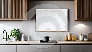 Blank poster frame mockup on kitchen wall in modern interior design. 3D Rendering