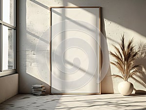 Blank poster frame mockup standing on the wooden floor in bright interior with sunlight and shadows on the wall. 3d rendering