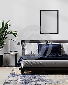 blank poster frame in modern bedroom interior for mock up, 3d illustration.