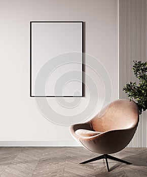 Blank poster frame in modern living room interior background. Mockup, living room with white wall and modern minimalistic armchair