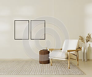 Blank poster frames mock up in beige contemporary minimalist interior with armchair, coffee table and decor. 3d