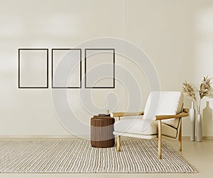 Blank poster frames mock up in beige contemporary minimalist interior with armchair, coffee table and decor. 3d