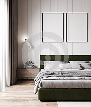 blank poster frames in modern bedroom interior for mock up, 3d illustration