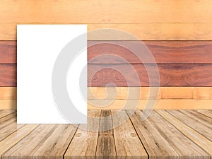 Blank poster leaning at plank wood wall and diagonal wooden floor,Mock up for adding your design.