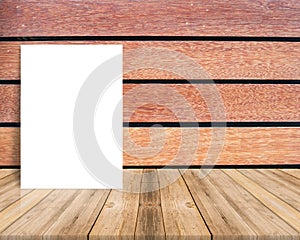 Blank poster leaning at plank wood wall and diagonal wooden floor,Mock up for adding your design.