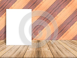 Blank poster leaning at plank wood wall and diagonal wooden floor,Mock up for adding your design.