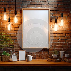 Blank Poster Mockup Rustic Brick Wall Edison Bulbs